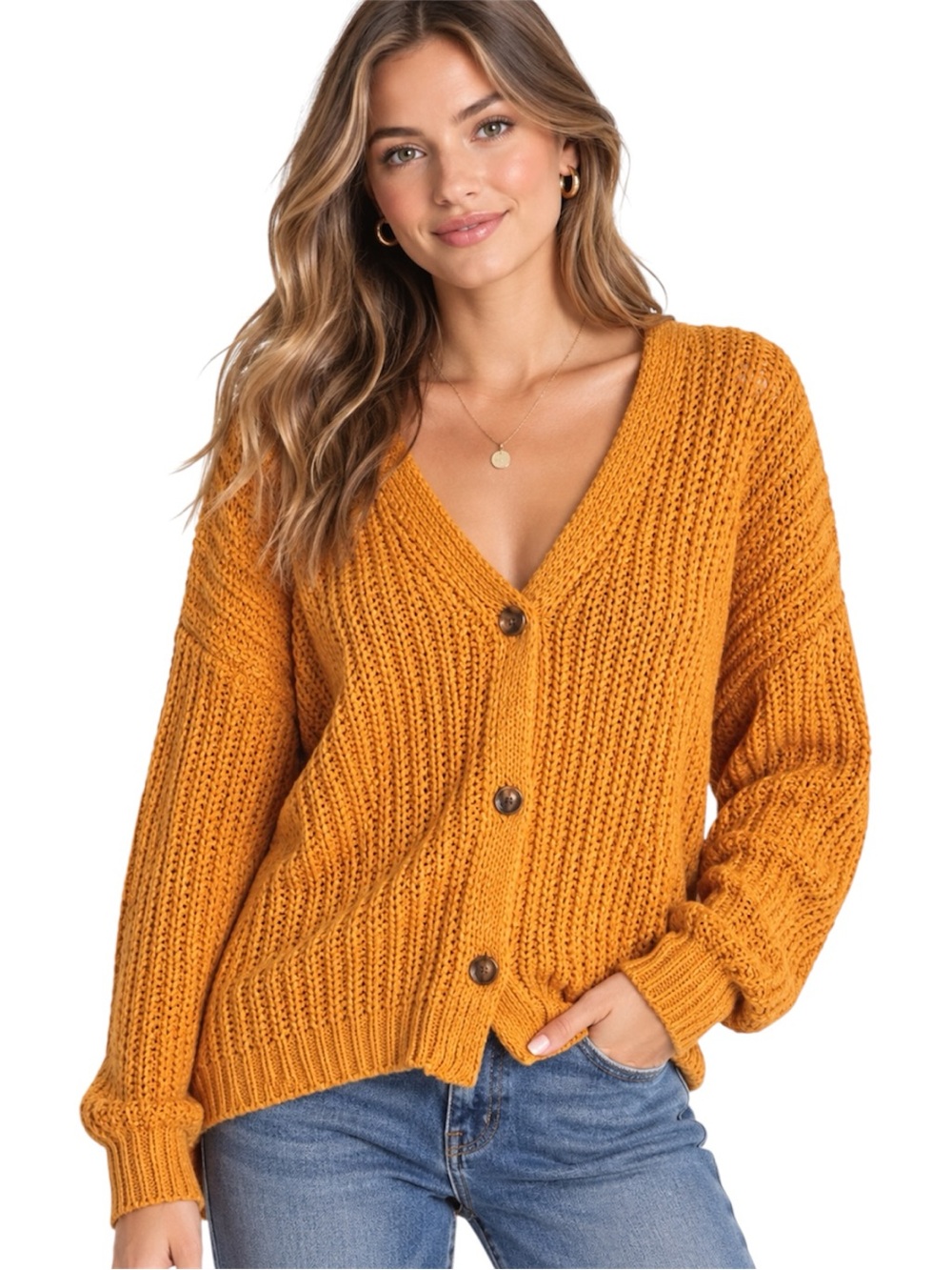 Moon River Anthropologie Orange Chunky Knit Button Front Cardigan Sweater Size S